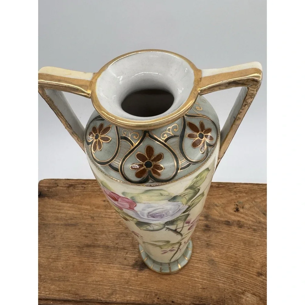 Double Handle Vase Antique Hand Painted Nippon Floral Roses Gold Gilt Porcelain